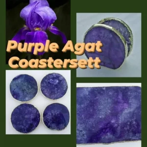 Vakkert Gold Electroplated Purple Agat Aqua Coastersett m/ 1 stk. Platter Coaster ( ca 27x18cm ) + 4 Coaster ( ca.10cm )
