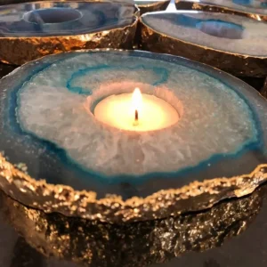 Brazilian Aqua Blue Agat Coaster Telys dekorasjon Gold Electroplated, LARGE