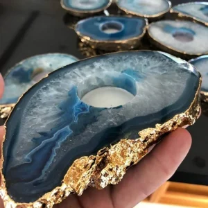 Brazilian Blue Agat Coaster Telys dekorasjon Gold Electroplated, LARGE