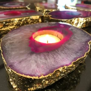 Brazilian Pink Agat Coaster Telys dekorasjon Gold Electroplated, LARGE