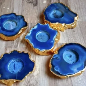 Indian Aqua Blue Agat Coaster Telys dekorasjon Gold Electroplated, Medium - 10cm