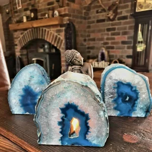 Supervakker XL Agat Geode Telys borddekorasjon, Aqua Blue - 24k Gold Electroplated