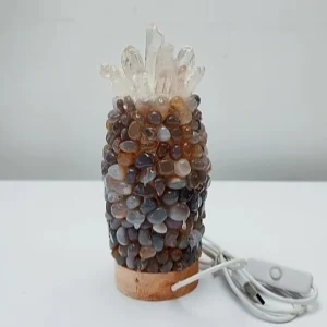 Nyhet / Ny, stor og hÅndlaget " Pineapple " Brown Agate Quartz Stone Ledlampe med dekorativ Crystal Top Decor..18x8cm