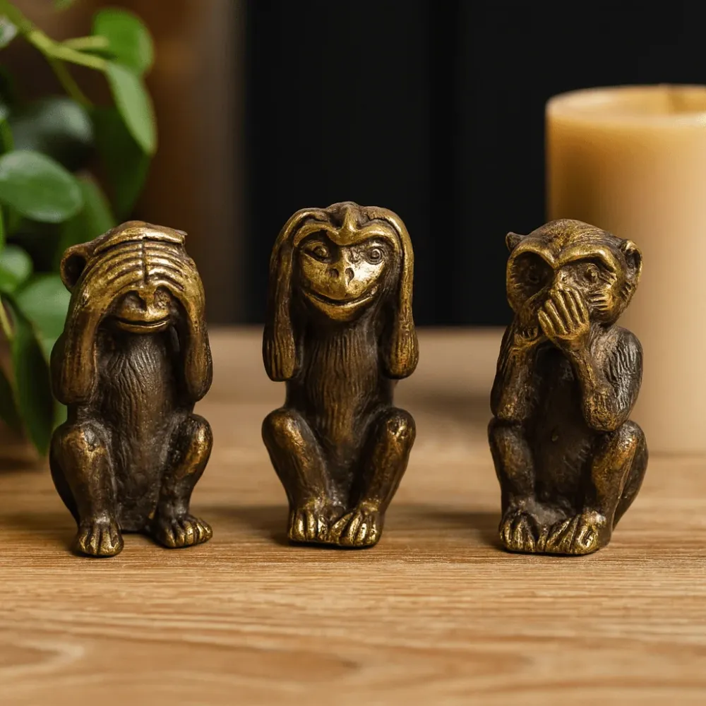 Messing Tre Kloke Aper Statuer Sett med 3