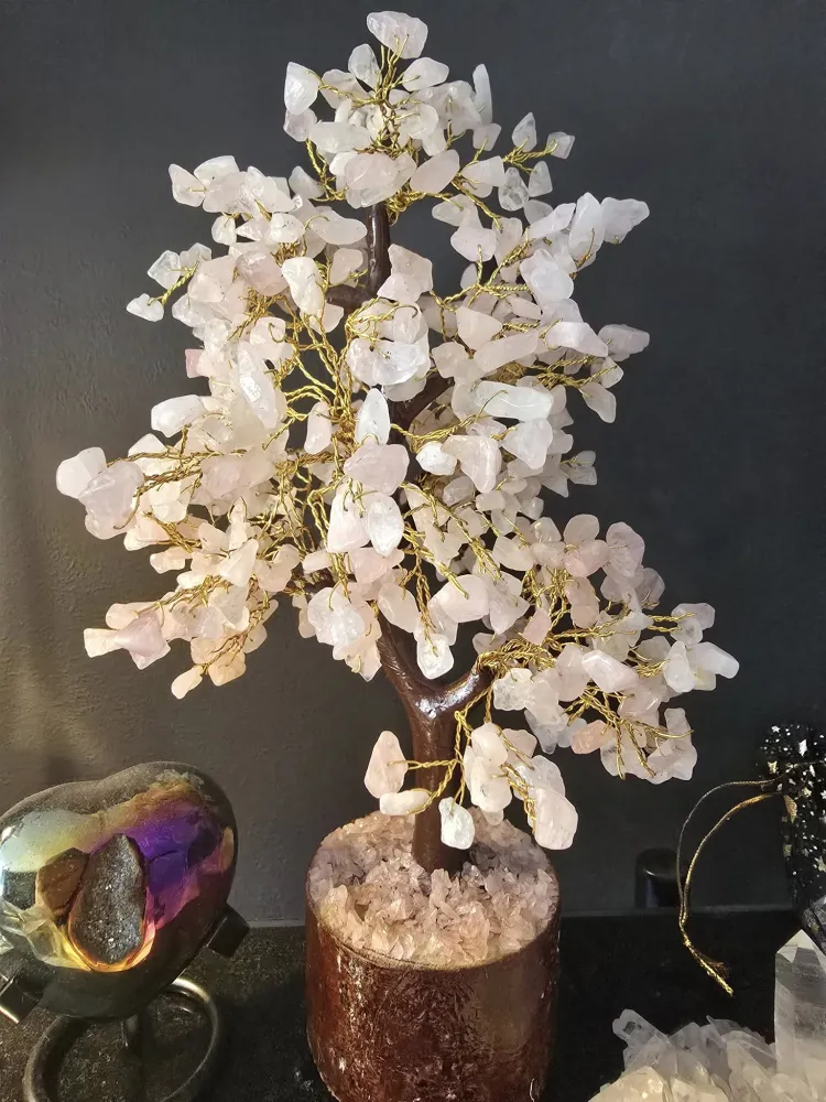 KAMPANJE / håndlaget Indisk 500 Chips Bonsai Lykketre 25 - 30cm med Rose Quartz Chips stener