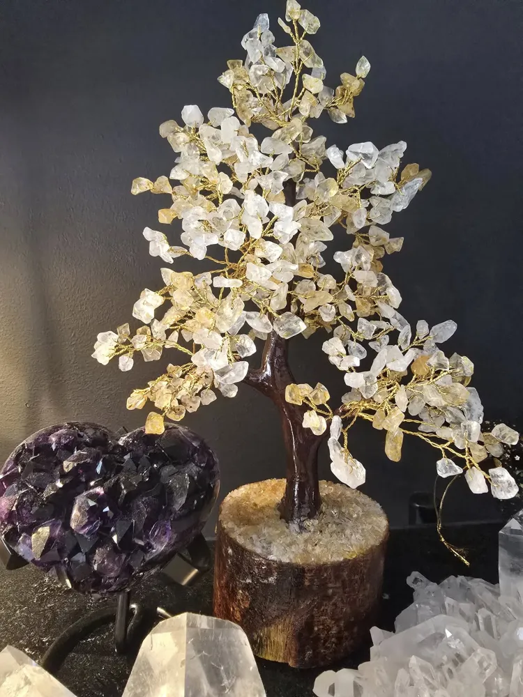 KAMPANJE / håndlaget Indisk 500 Chips Bonsai Lykketre 25 - 30cm med Citrine & Clear Quartz Chips stener.