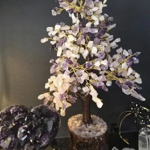 KAMPANJE / håndlaget Indisk 500 Chips Bonsai Trær 25 - 30cm med Ametyst & Rose Quartz