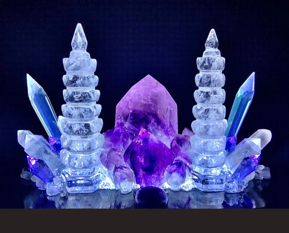 Fantastisk håndlaget ILLUMINATION QUARTZ Lampedekorasjon med Phantom Ametyst, Ametyst Tower, Klar Kvarts, Wenchang Quartz...