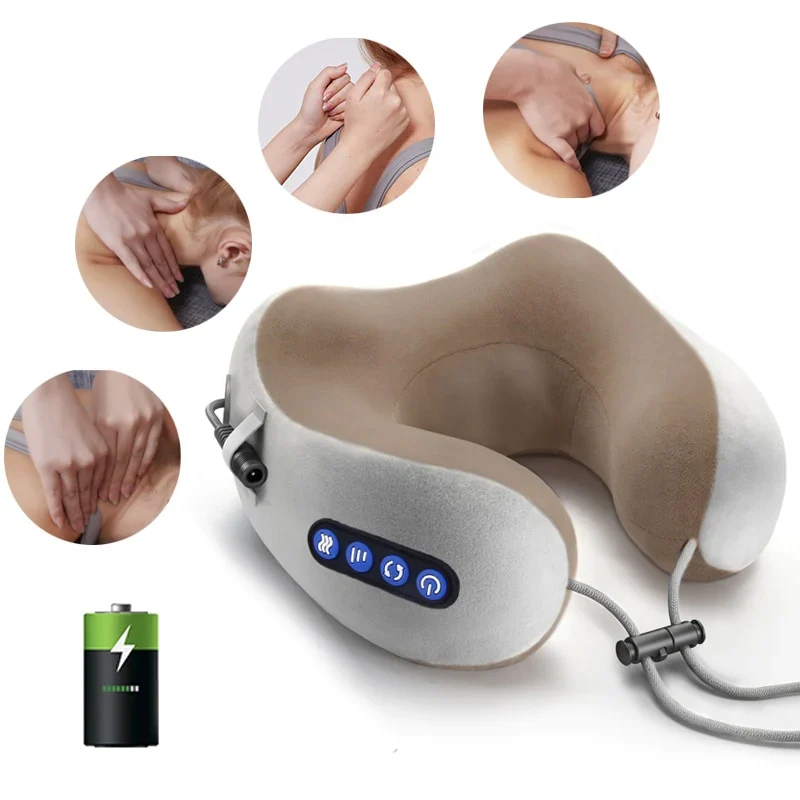 U-formet Shiatsu nakkemassasjepute med varme - eltemassasje med dyp vev, oppladbar bærbar reisepute med automatisk avslåing