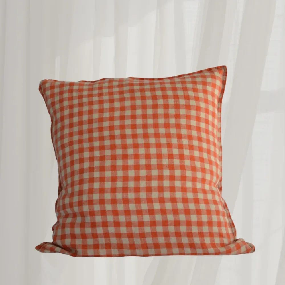 French Cushion Cover Orange Flax Gingham