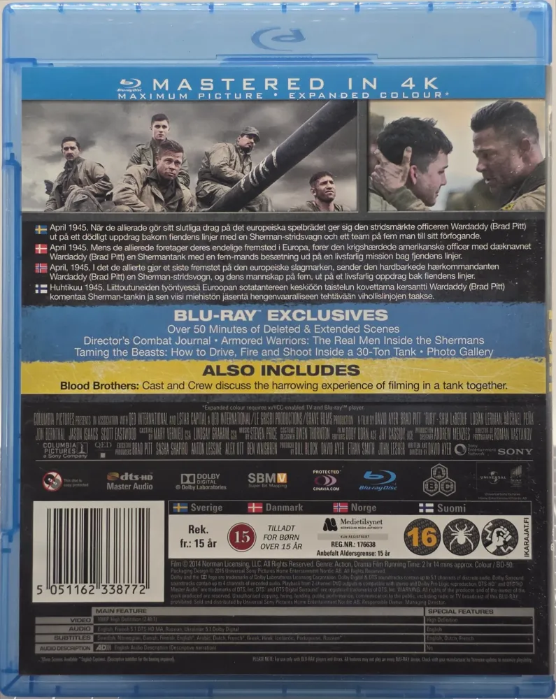 Fury (2014). Blu-ray.
