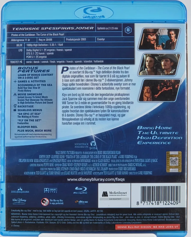 Pirates Caribbean: Curse Black Pearl (2003). Blu-ray.