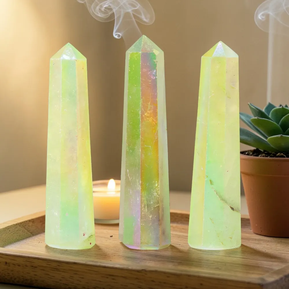Gemstensk obeliskspiss 9 cm – Aurura krystallkvarts – Lys grønn