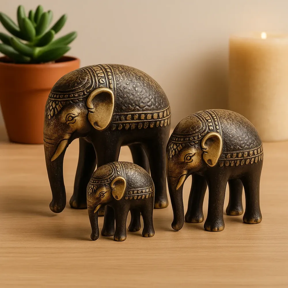 Messing Feng Shui elefantfigurer, sett med 3