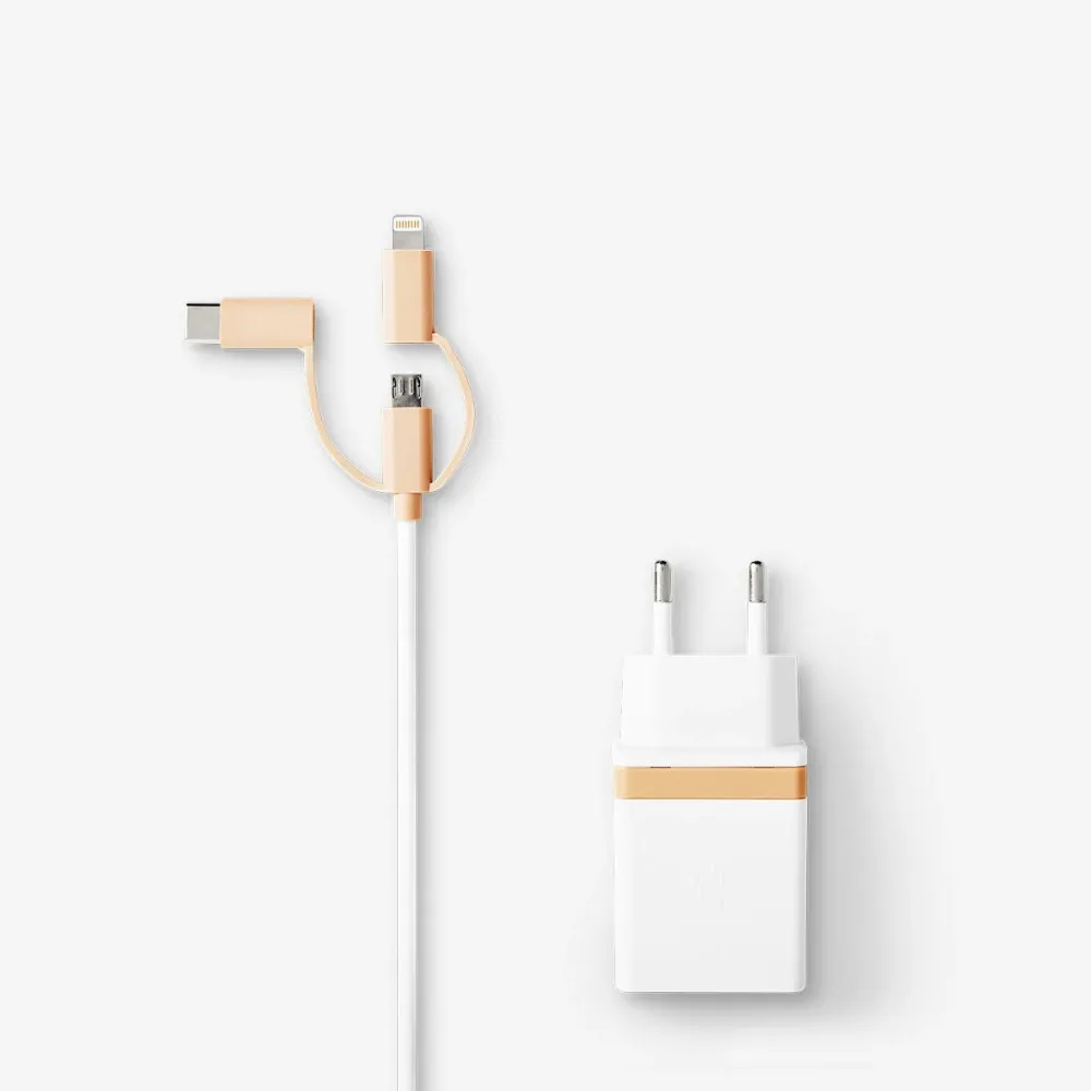 Vegglader. Lightning, USB-C og mikro USB