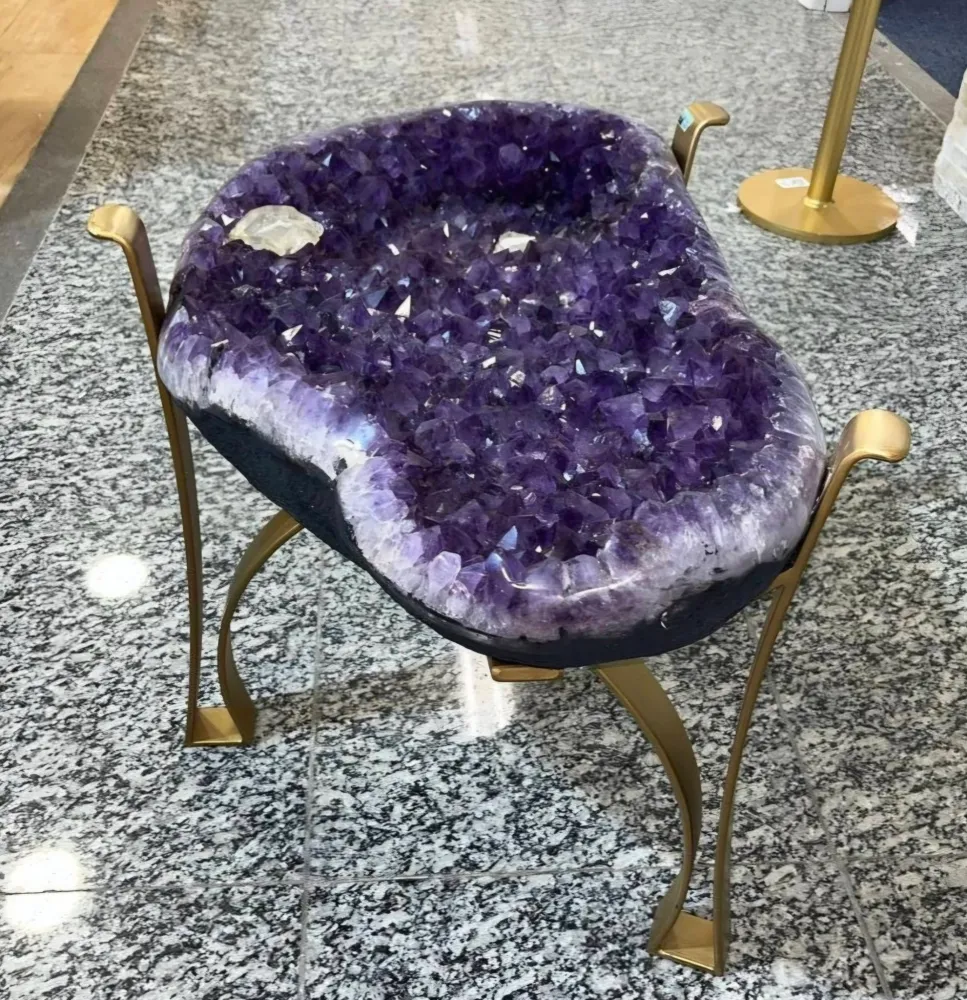 KAMPANJE / Extra Plus Brazilian Amethyst Geode SOFA Table Metal Frame Table w/Druzy big Cluster, ca. 37kg m/ramme - 56x44c...