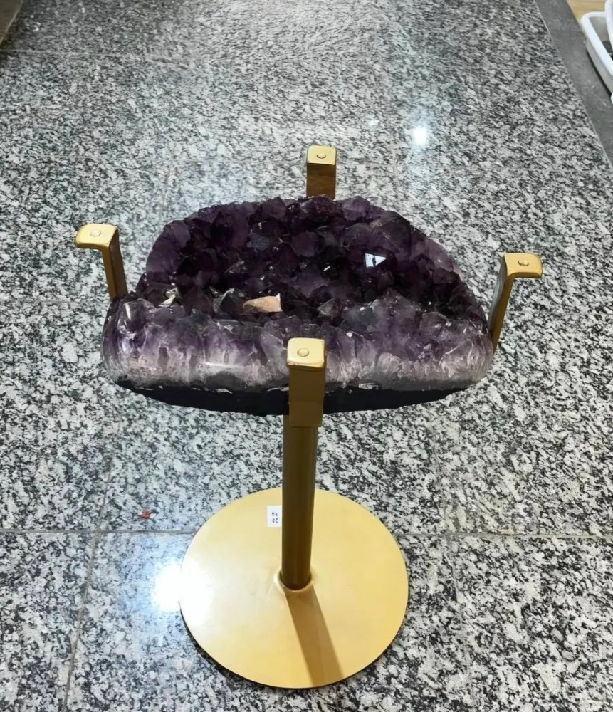 KAMPANJE / Extra Plus Brazilian Amethyst Geode SOFA Table Metal Frame Table w/Druzy big Cluster, ca. 37kg m/ramme - 56x44c...