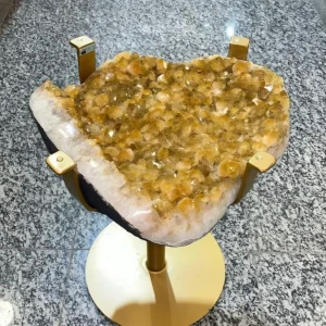 KAMPANJE / HIGH QUALITY BRAZILIAN CITRINE ( Heated ) CLUSTER GEODE COFFEE / SOFA SIDE TABLE w/Golden Frame , 23KG - 38x35c...