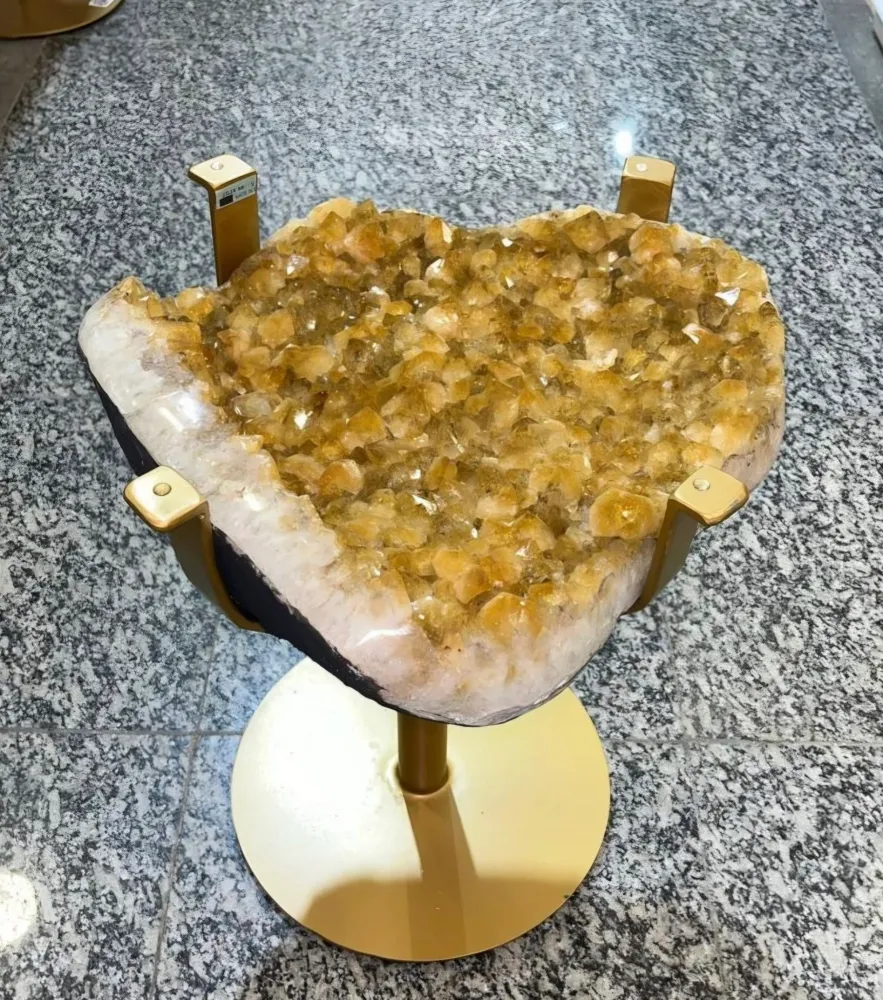KAMPANJE / HIGH QUALITY BRAZILIAN CITRINE ( Heated ) CLUSTER GEODE COFFEE / SOFA SIDE TABLE w/Golden Frame , 23KG - 38x35c...
