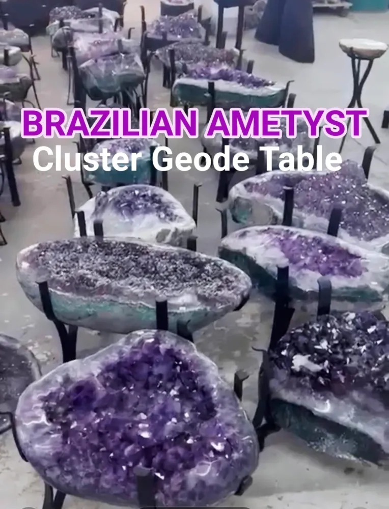 MÅNEDENS UTVALGTE / Extra Plus Amethyst AAA+ Quality Geode Coffe - Side table Golden Metal Frame Table w/Druzy big Cluster...