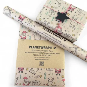 Gavepapir i resirkulert kraftpapir – med Rudolf og Julenissen! (Rull 3 m x 50 cm) 🎄✨