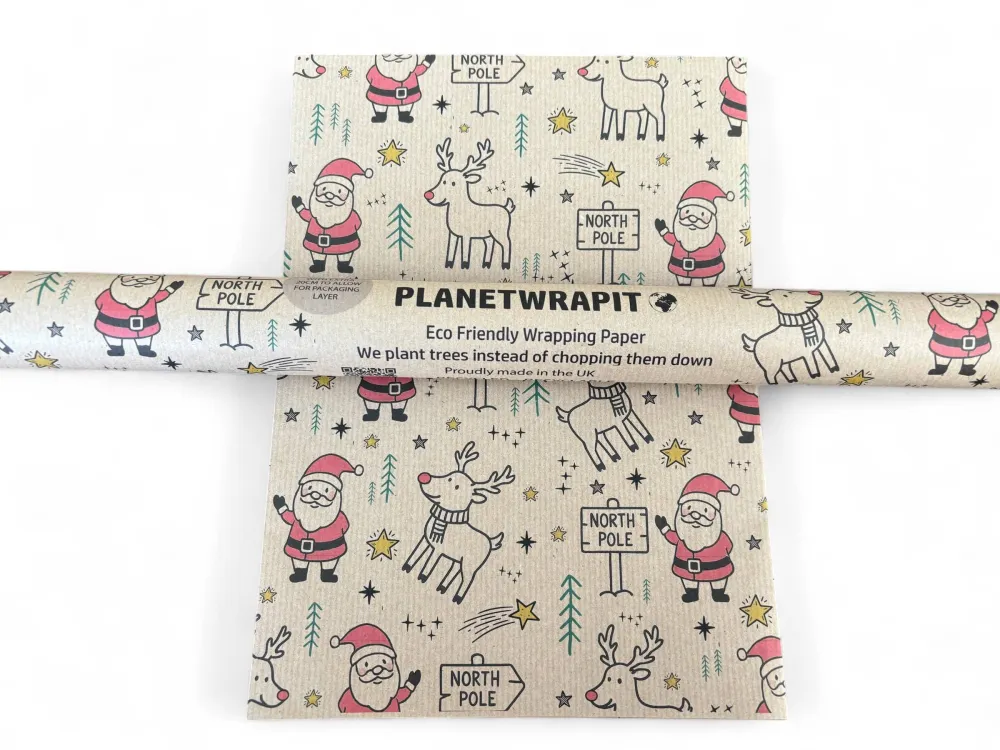 Gavepapir i resirkulert kraftpapir – med Rudolf og Julenissen! (Rull 3 m x 50 cm) 🎄✨