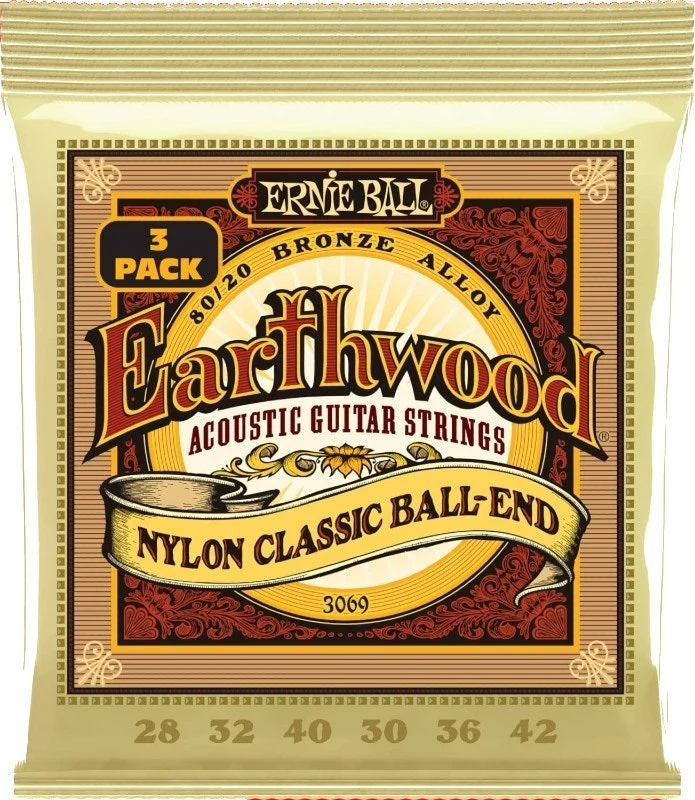 Ernie Ball 3069 Folk Nylon Clear & Gold Ball End Strenger 3-pak