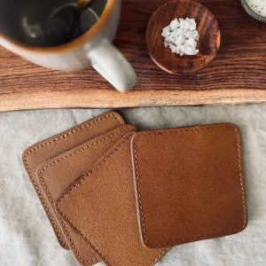 Glassbrikke / Coaster - 4 stk Cognac bøffellær