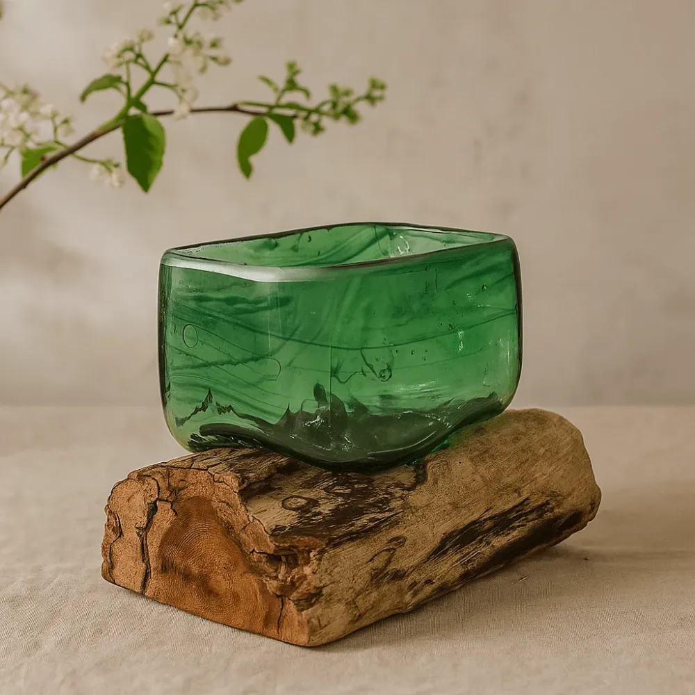Resirkulert glass firkantet bolle med trebase