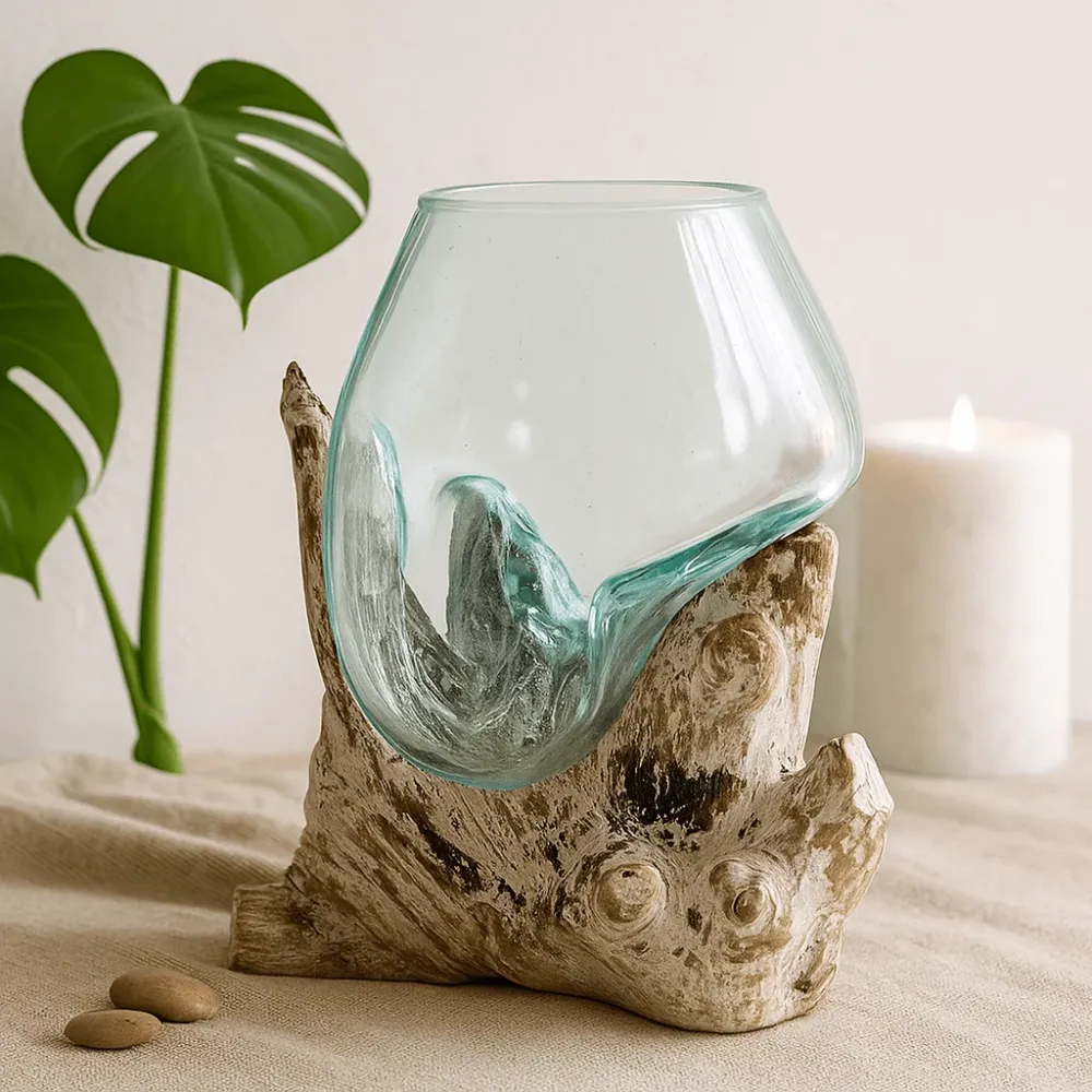 Smeltet glassbolle på drivvedbase, 18cm