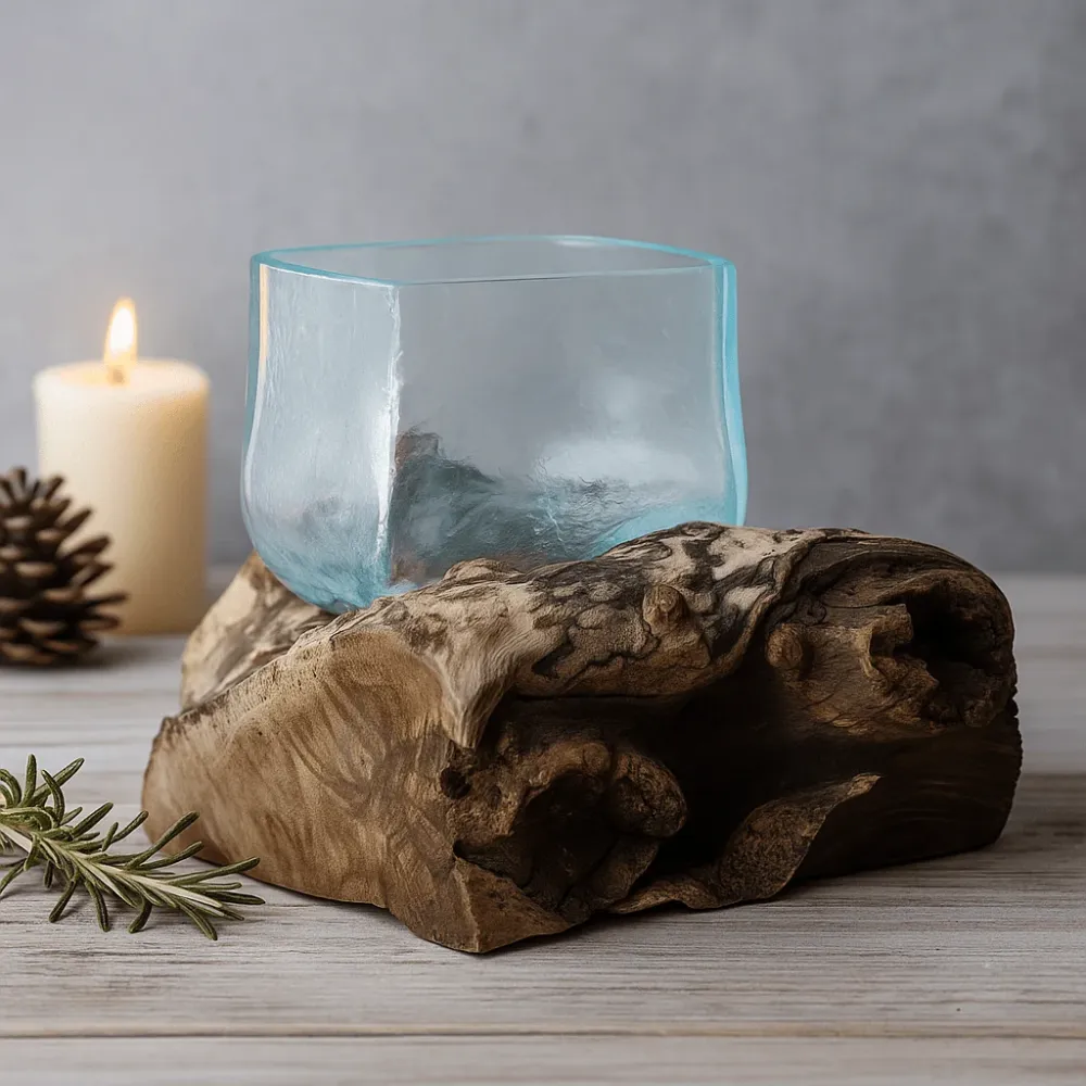Smeltet glassbolle på trefot