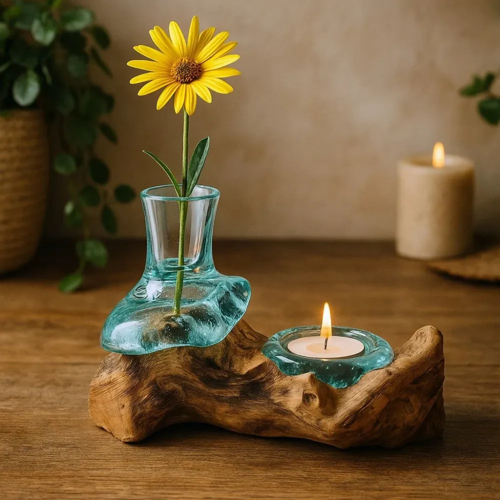Smeltet glassvase og telysholder 2-delt