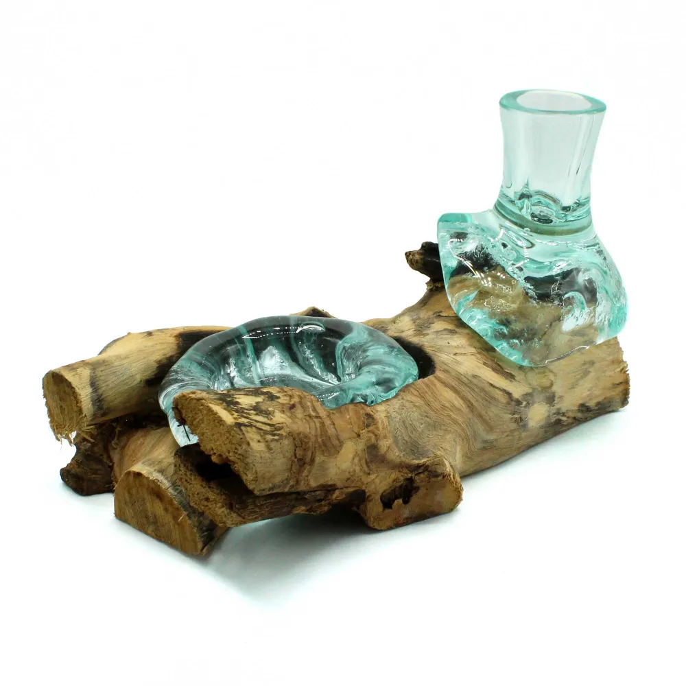 Smeltet glassvase og telysholder 2-delt