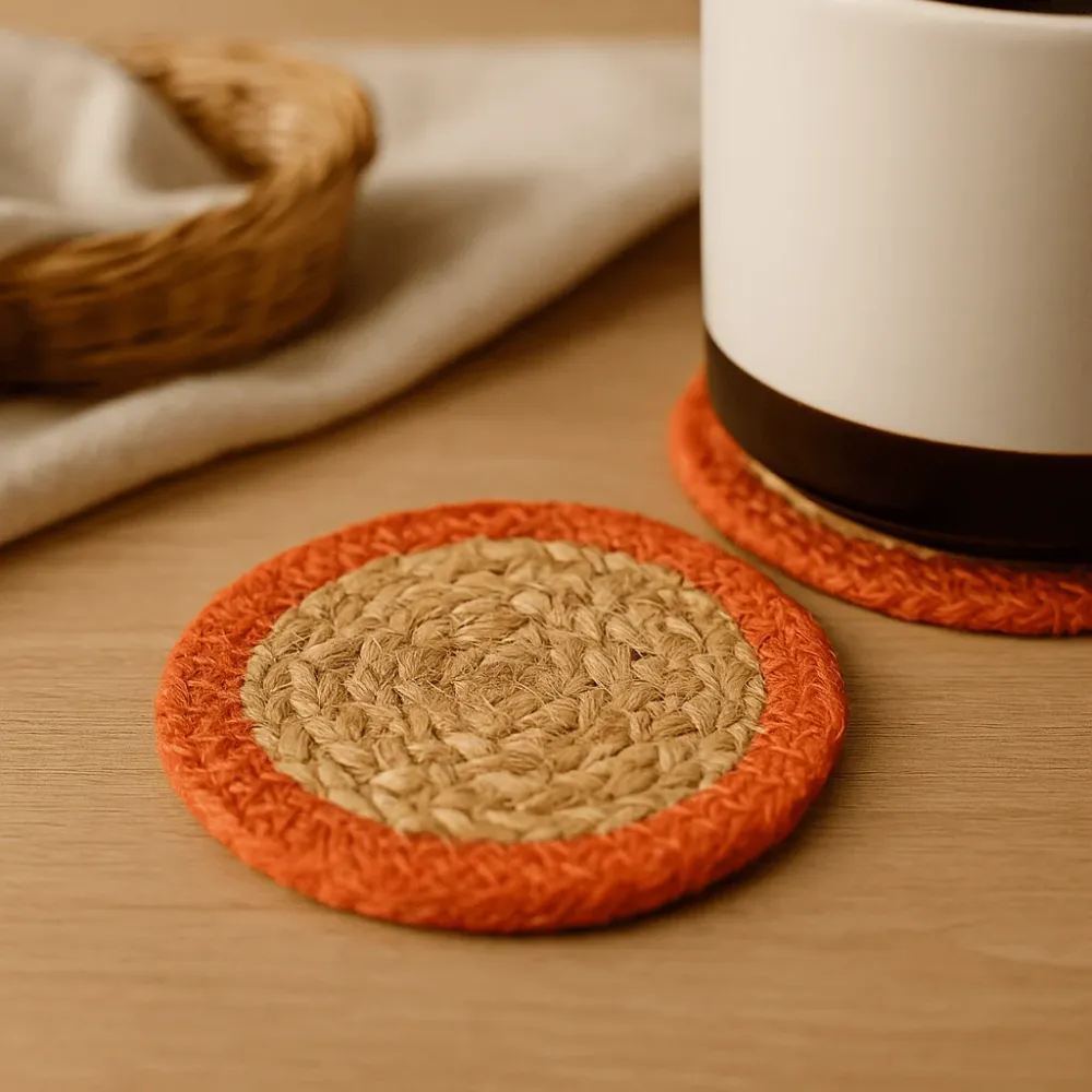 Drikkebrikker Jute Bomull 10cm 4-pakning Leirekant