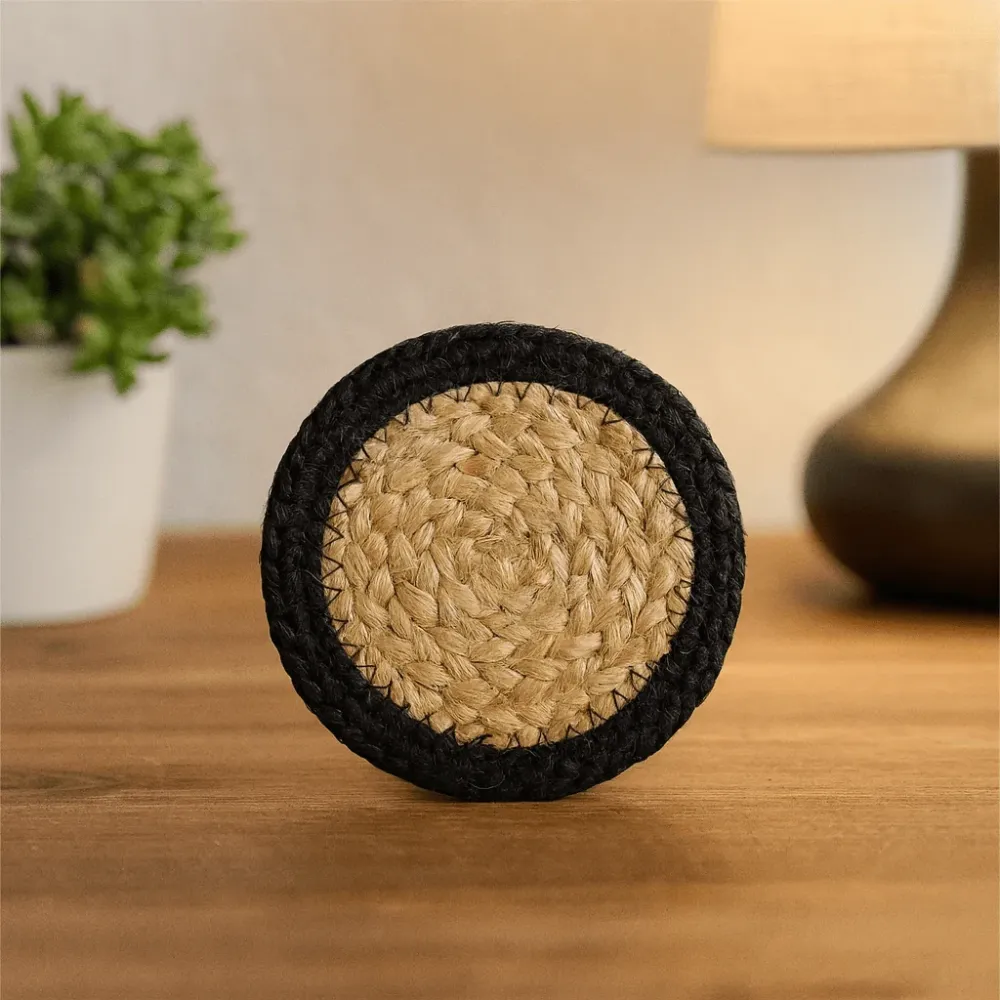 Glassbrikker Jute Bomull 10 cm Svart Kant 4-pakning