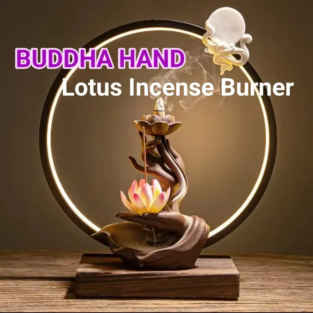 BUDDHA'S Hand Zen Heart - LED Light Circle Backflow Incence Burner w/ wood stand, 36x30x12cm