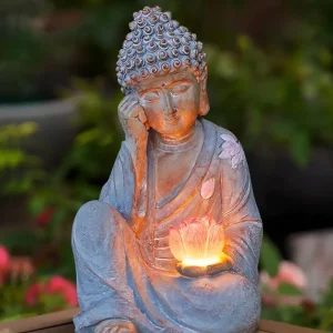 Handmade & handpainted Resting Buddha Statue Lotus Decoration Ornament - Outdoor Garden - Solar Energy , ca. 30x17cm - 1.5kg