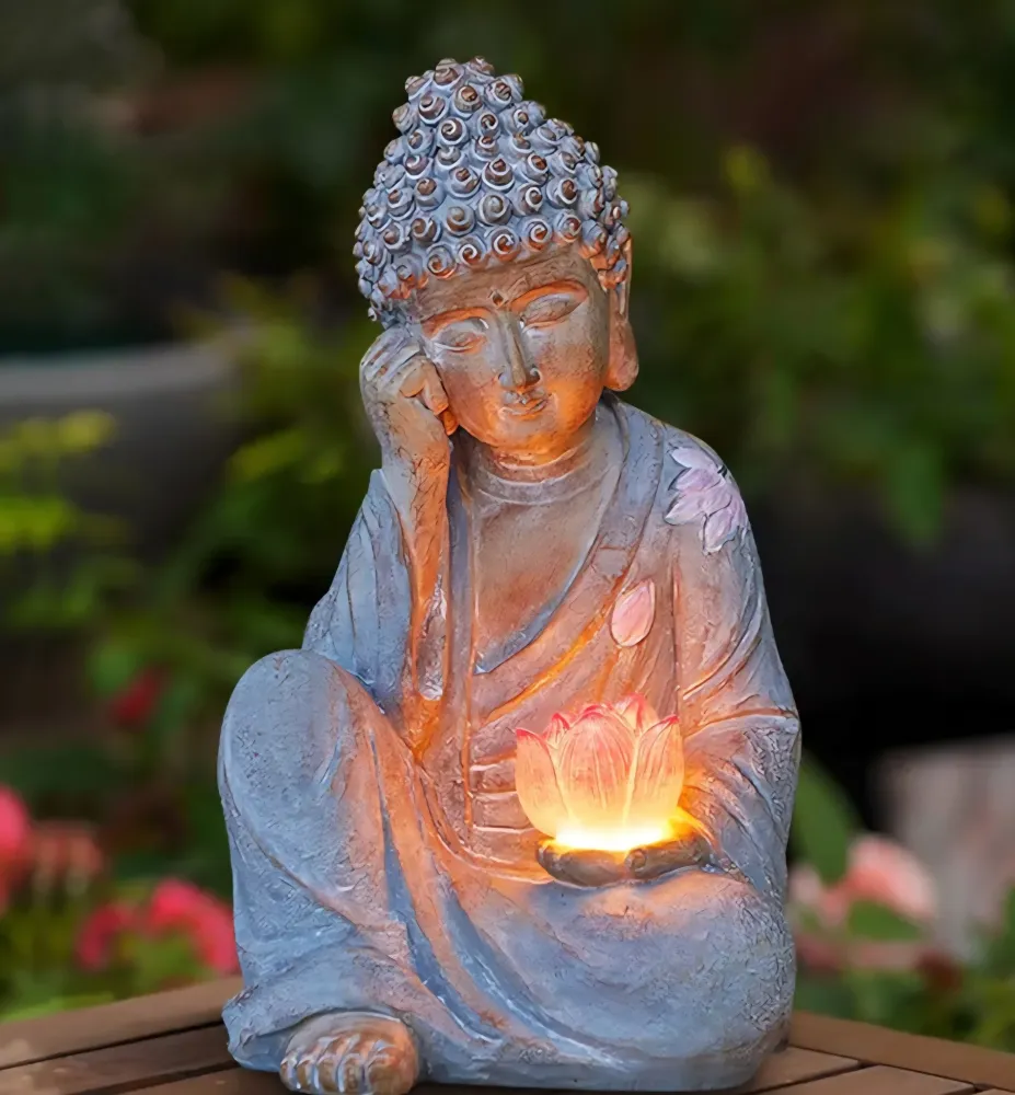 Handmade & handpainted Resting Buddha Statue Lotus Decoration Ornament - Outdoor Garden - Solar Energy , ca. 30x17cm - 1.5kg