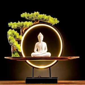 Porcelain Buddha Statue Decorative Set LED light Circle, 41x46x10cm