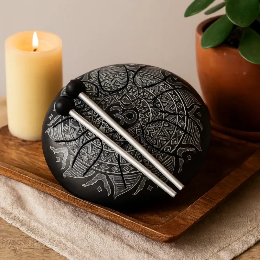 Ståltunge Tromme 16cm 8-Note Om Mandala Gravert