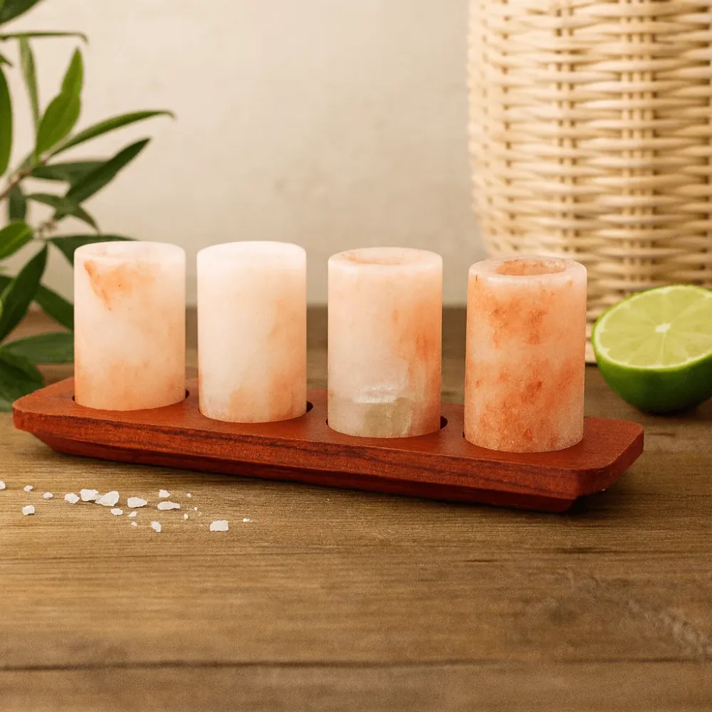 Himalaya Salt Shotglass 4-pakning med trebrett