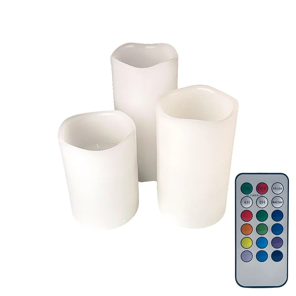 LED stearinlys - 3 stk. - 15/12/10 cm - m/fjernkontroll - 12 forskjellige farger