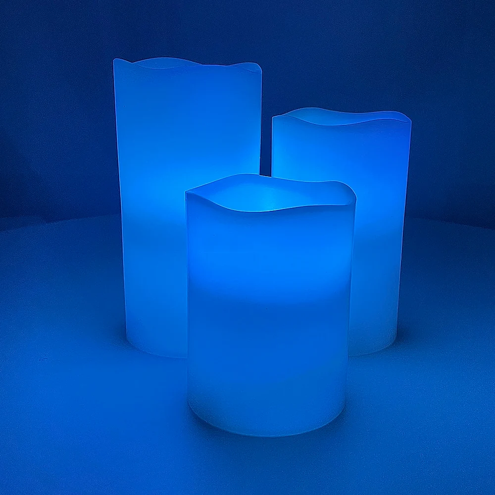 LED stearinlys - 3 stk. - 15/12/10 cm - m/fjernkontroll - 12 forskjellige farger
