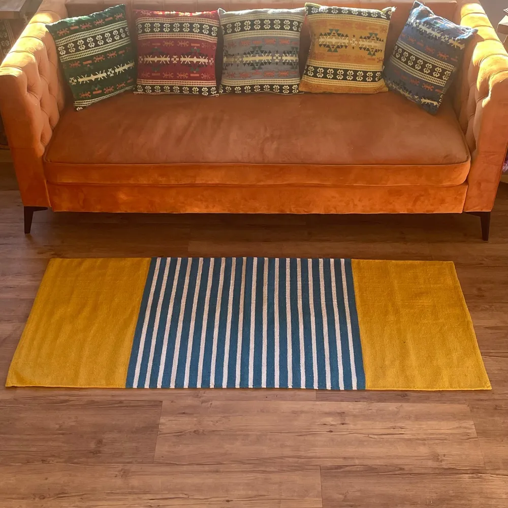 Bomulls løper teppe gul blå 70x170cm
