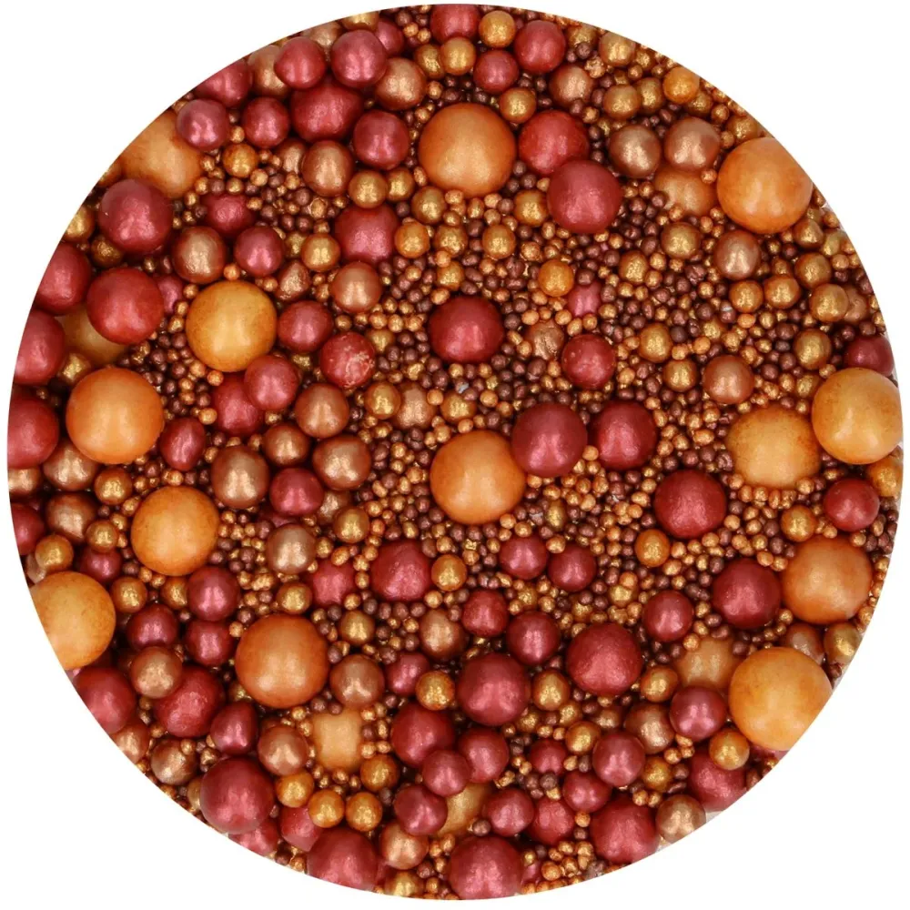 FunCakes kakestrøssel -Golden Passion-, Blanding av myke perler i gull og mørk rød, 80g