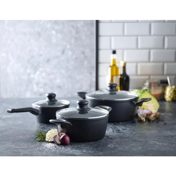 Grytesett - 3 stk med glasslokk - Aluminium/keramisk belegg