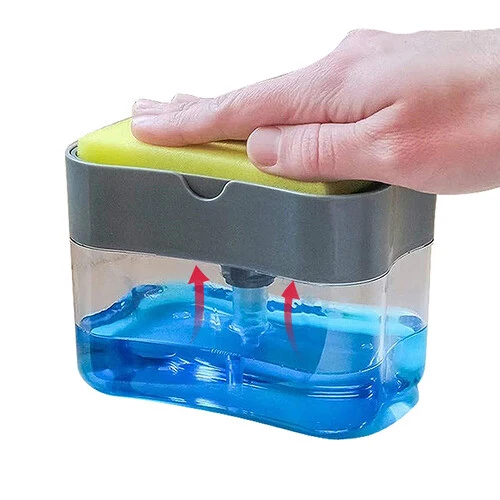 Oppvaskmiddeldispenser svamper – 13oz kjøkkensåpepumpe med svampbeholder, enhåndsbetjening effektiv oppvask