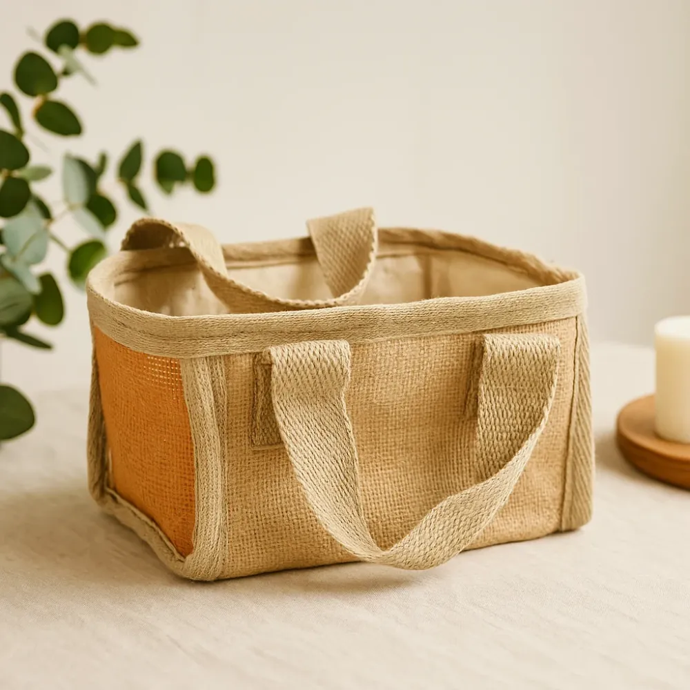 Handlekurv Jute Bomull Gurkemeie 16x10x12cm