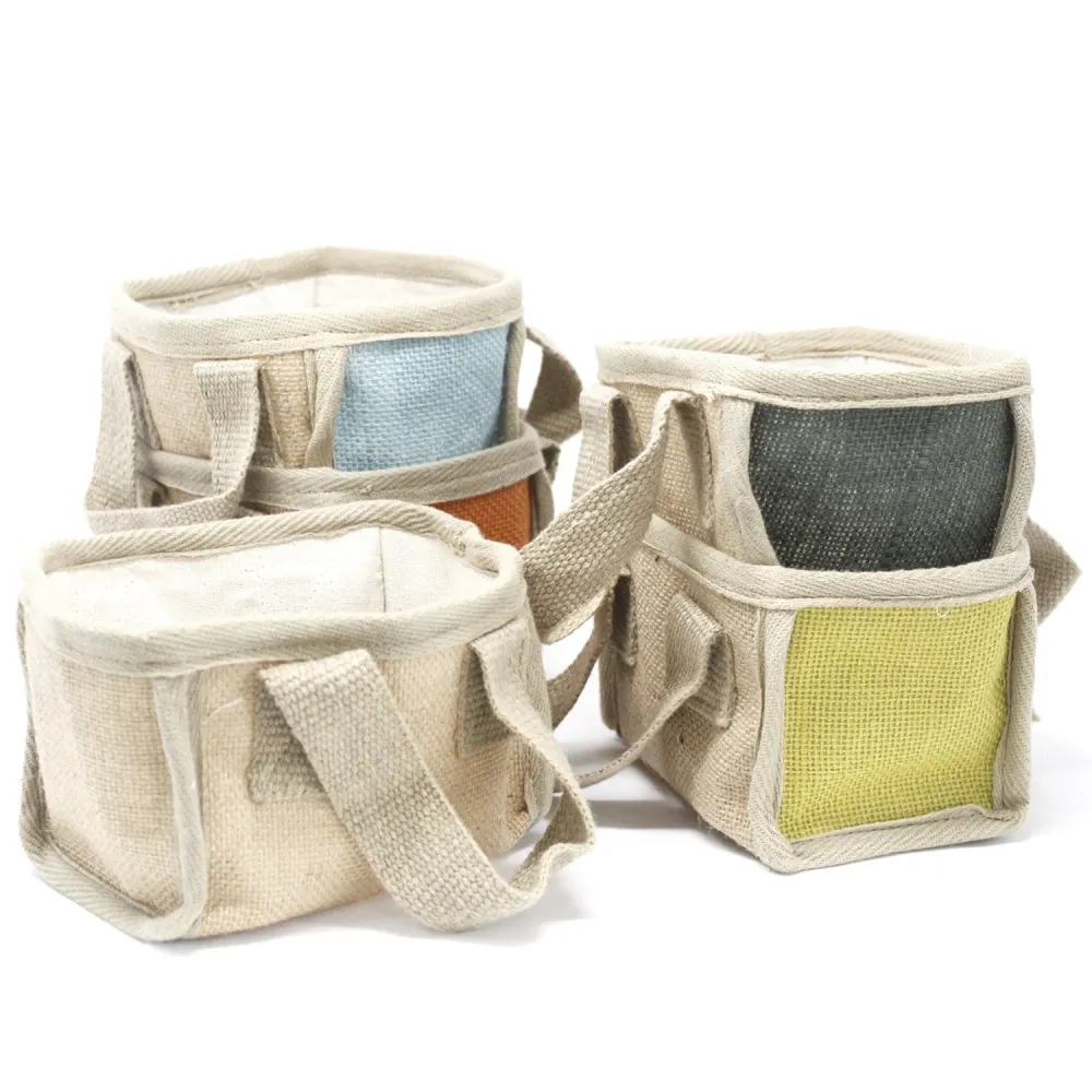 Handlekurv Jute Bomull Gurkemeie 16x10x12cm