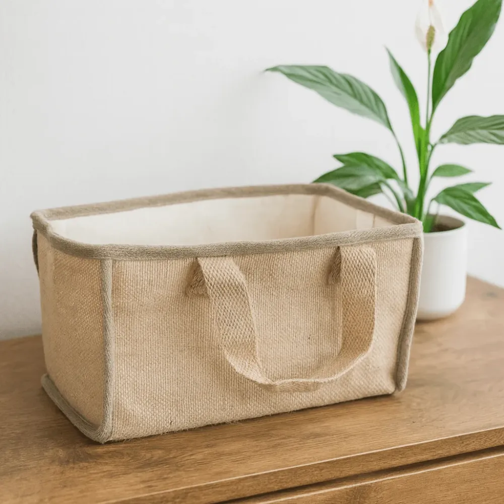Handlekurv i jute med bomullsfôr naturlig 33x18x20cm